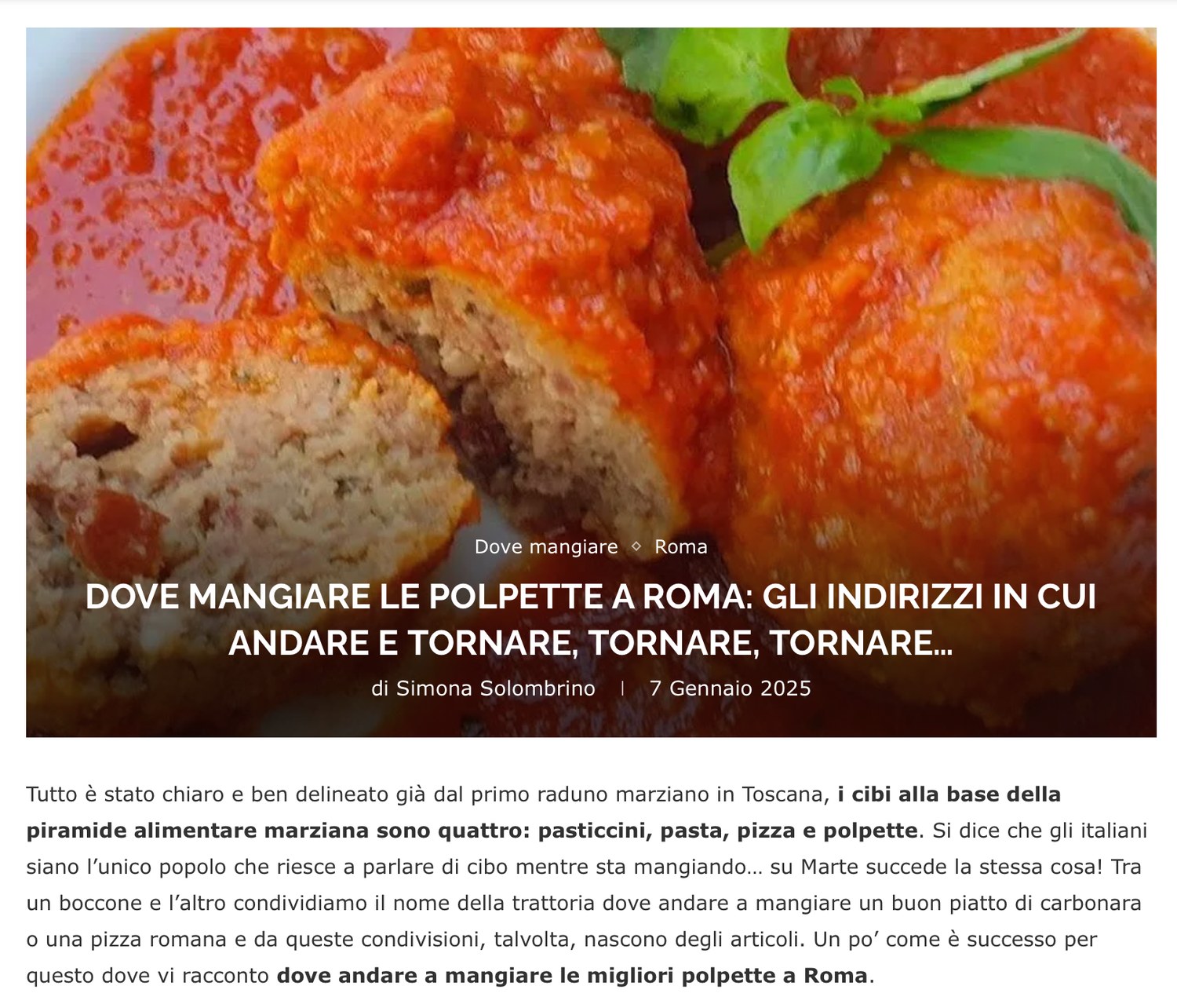 Articolo Dove mangiare le polpette a Roma