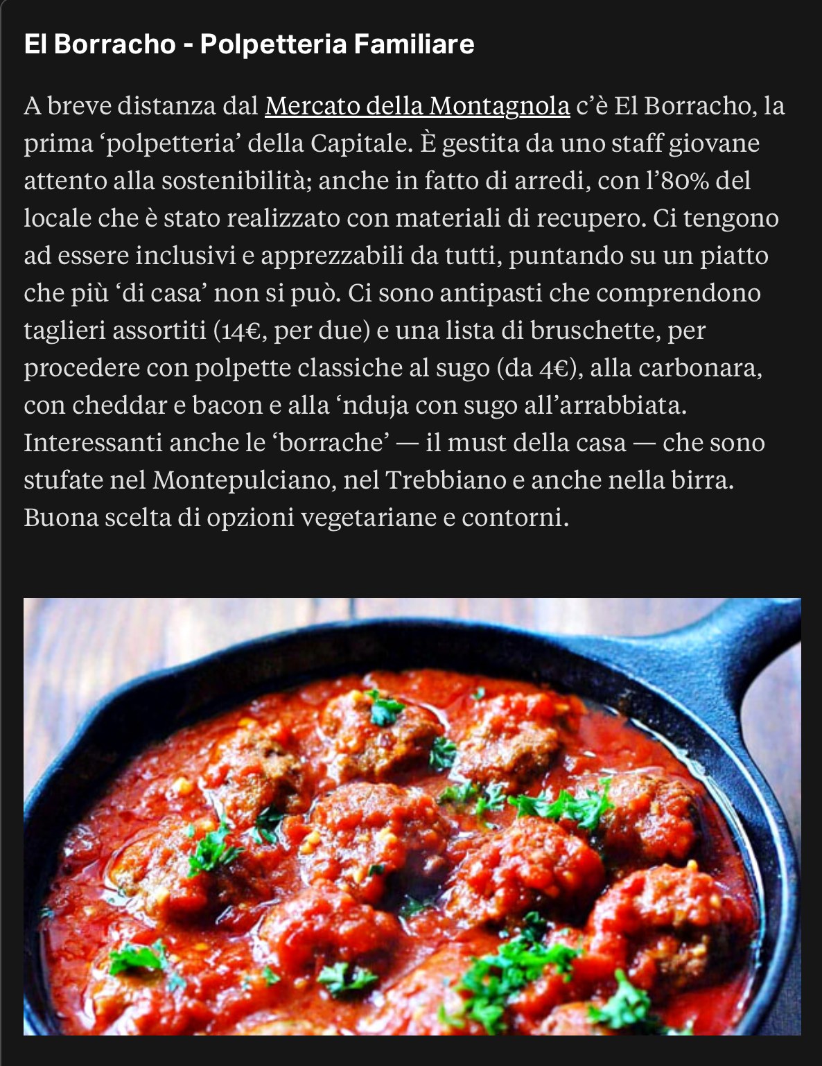 Articolo di CiboToday con una padella di polpette al sugo
