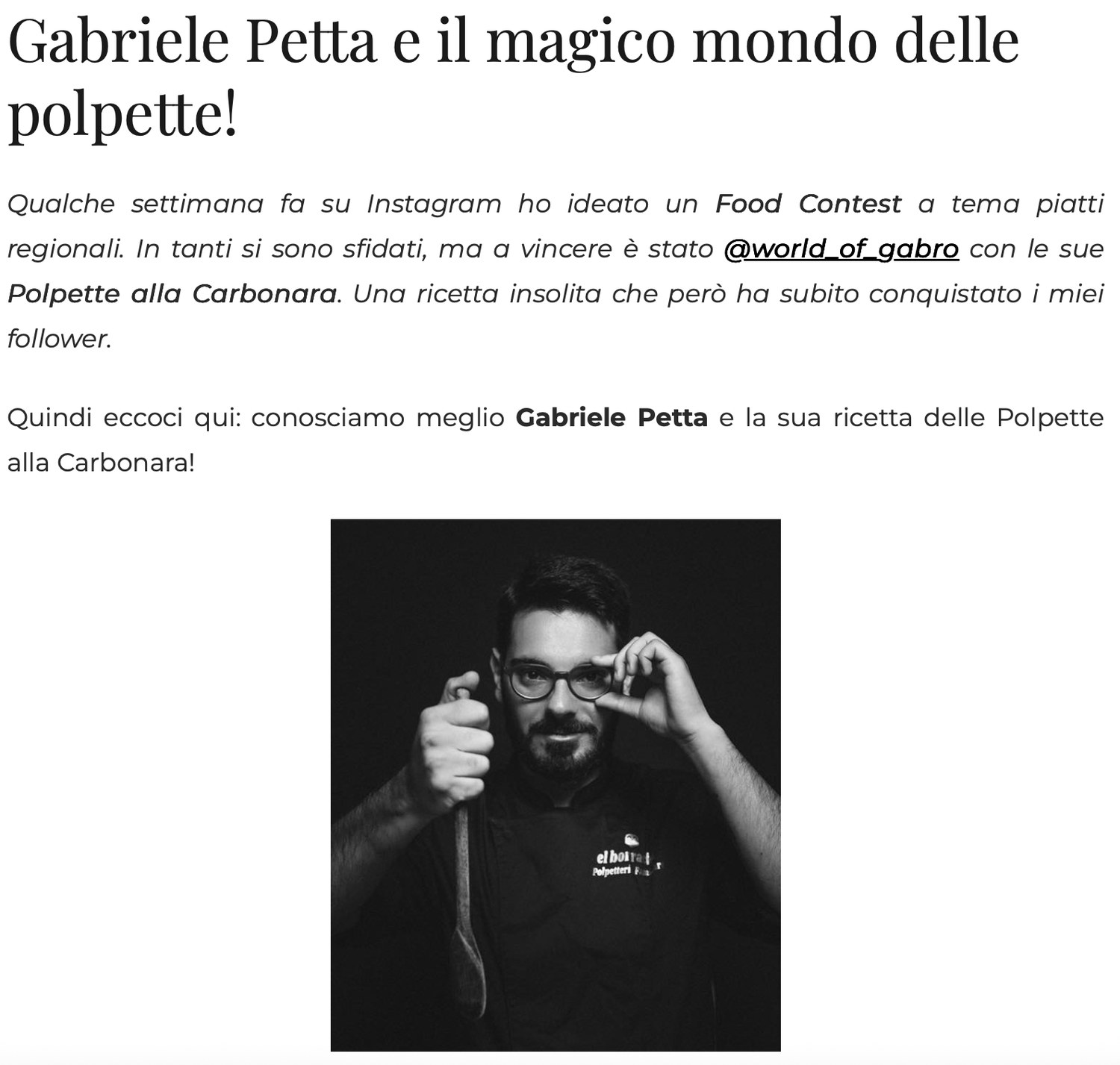 Articolo Gabriele Petta e il magico mondo delle polpette